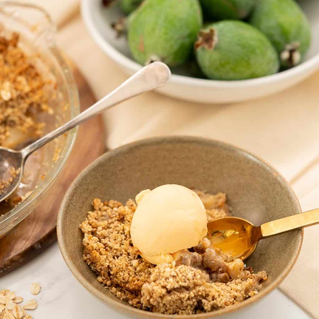 Brown ceramic bowl of feijoa crumbled topped with a scoop of vanilla ice cream.