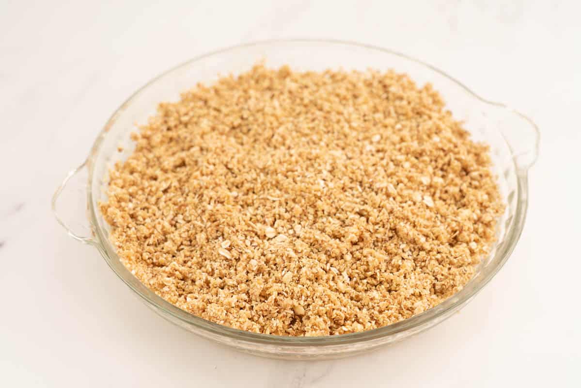 Unbaked fruit crumble ready to go into the oven