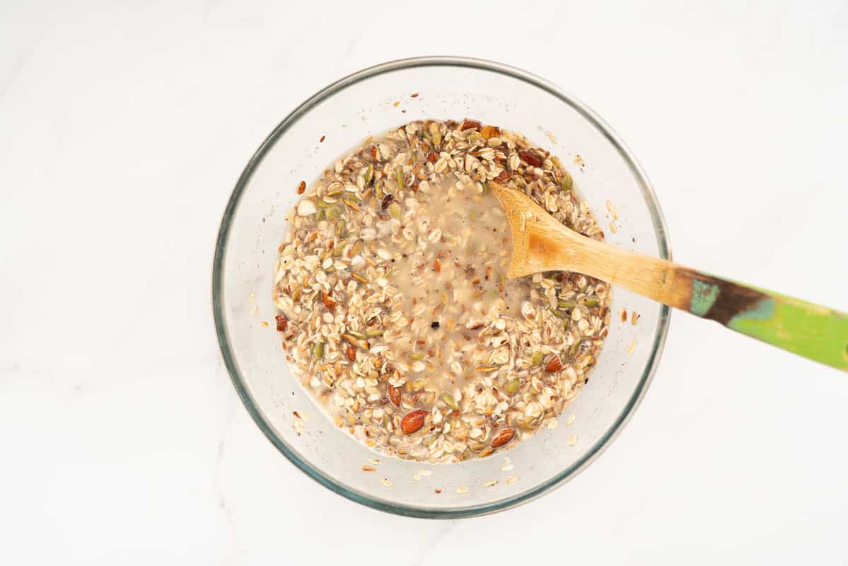 Wet Oatmeal bread mix in a large mixing bowl.