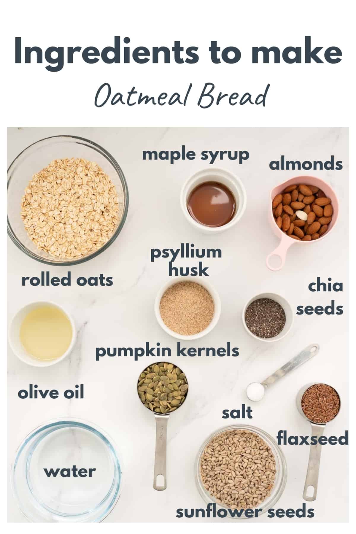 The ingredients to make overnight oatmeal bread laid out on a bench top with text overlay.