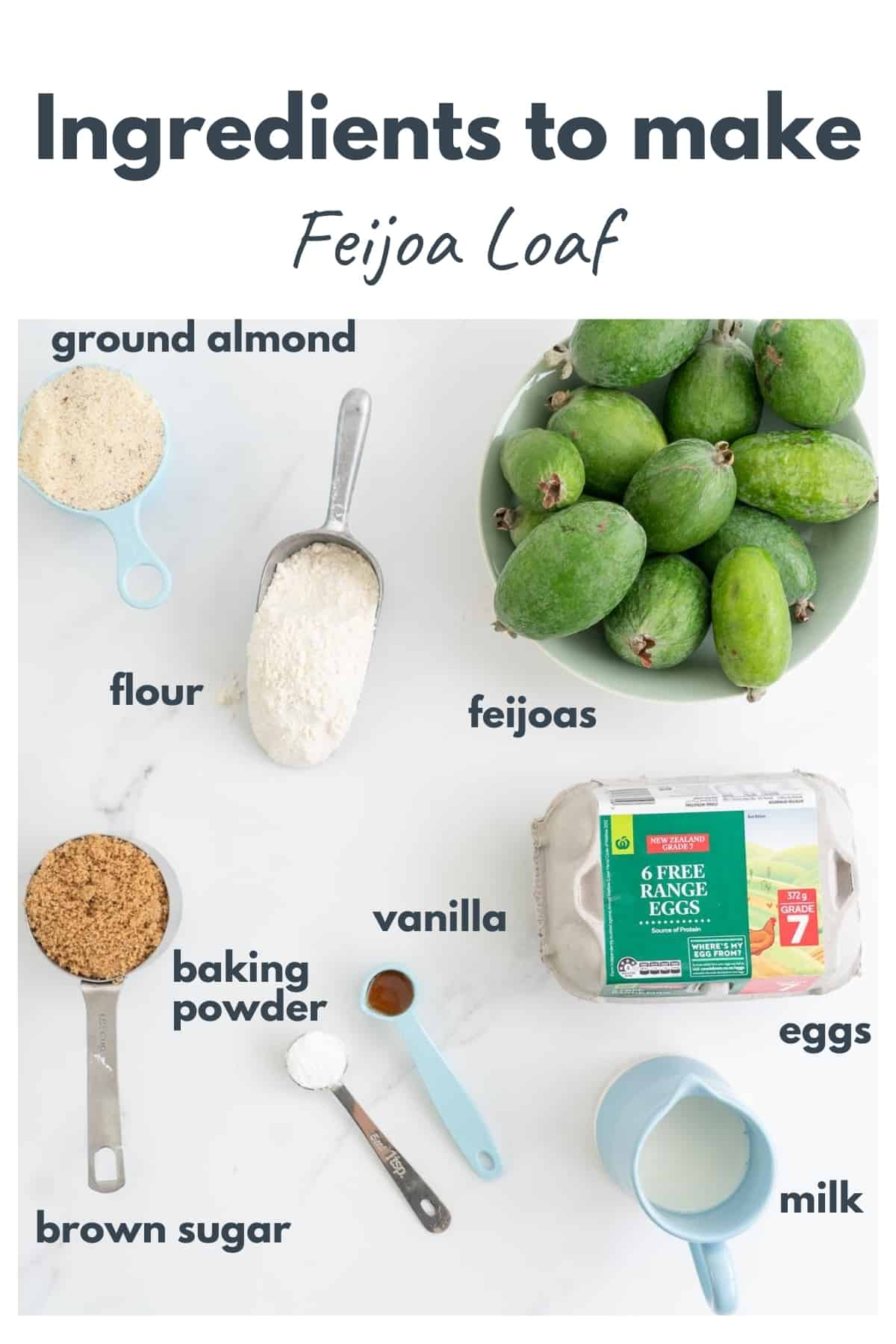 The ingredients to make feijoa loaf spread out on a bench top with text overlya.