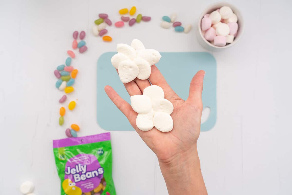 Woman's hand holding 2 clouds made from marshmallows.