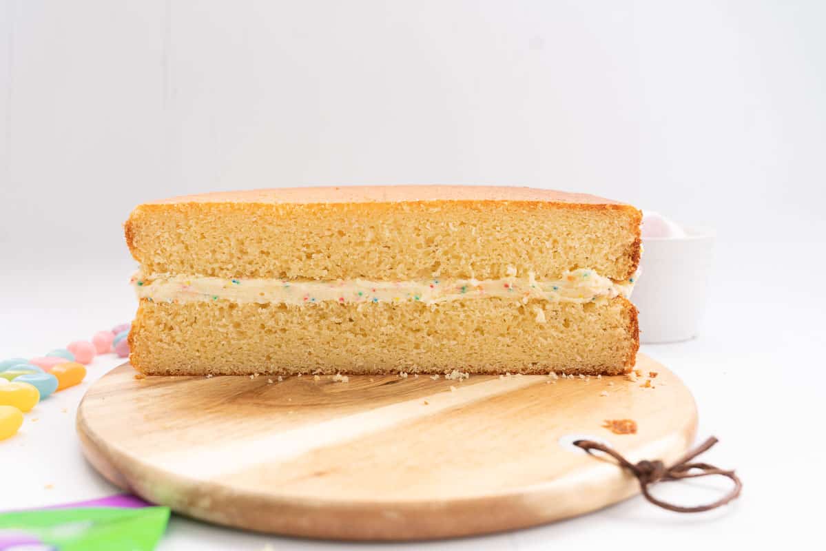 A double layer vanilla cake filled with funfetti buttercream.