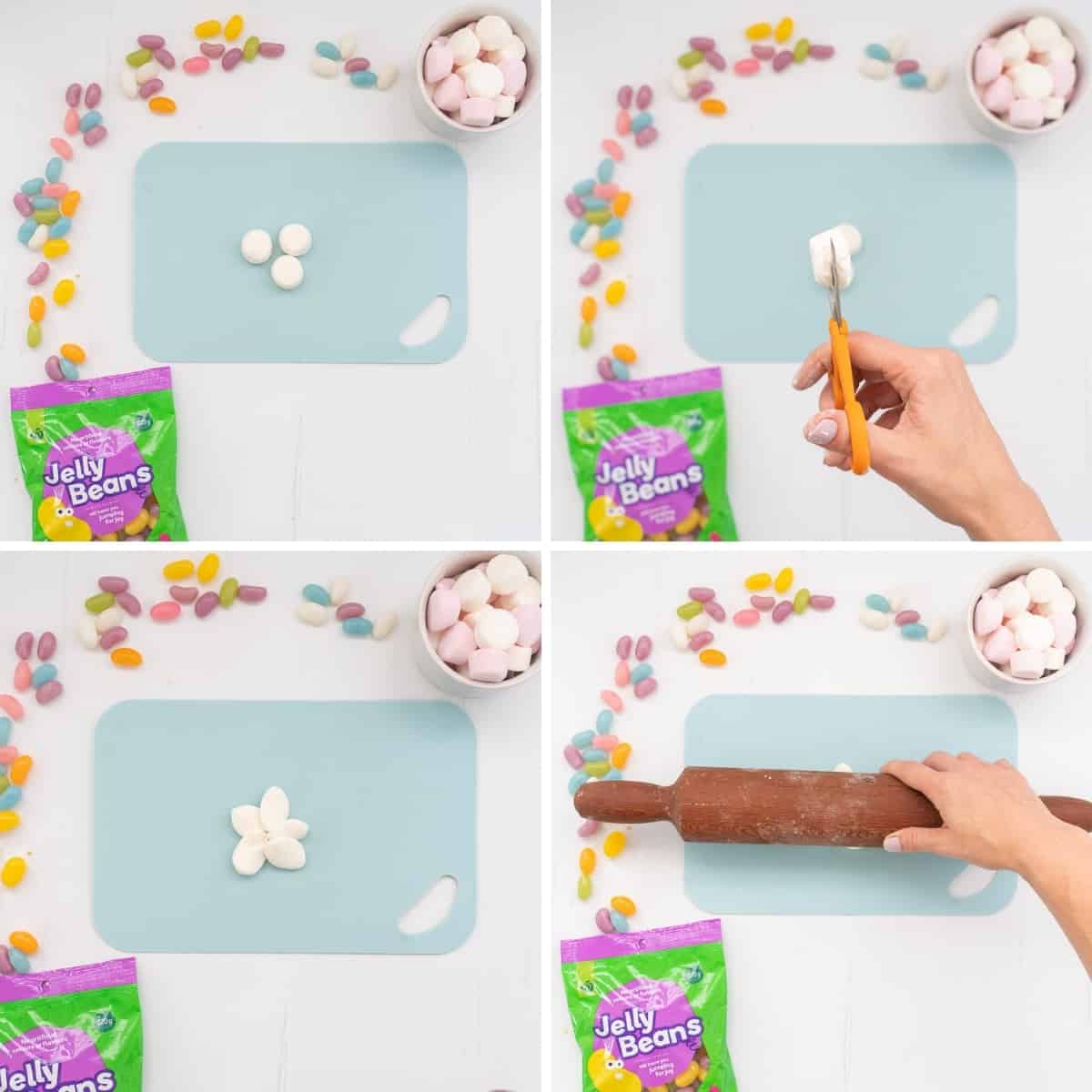 4 photo collage showing the steps to make clouds from marshmallows.