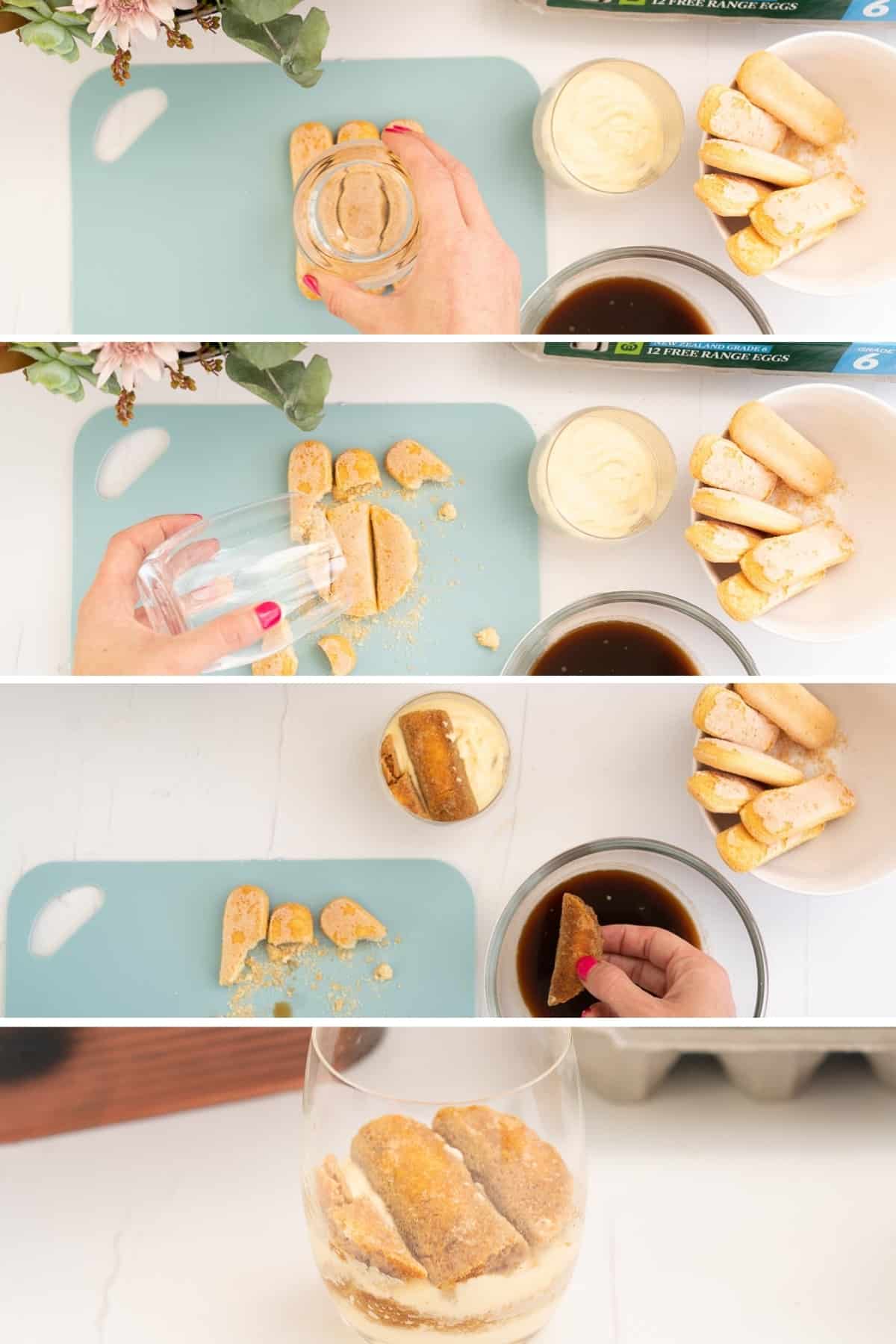 Four photo collage showing the process of cutting savoiardi biscuits to size using a glass.