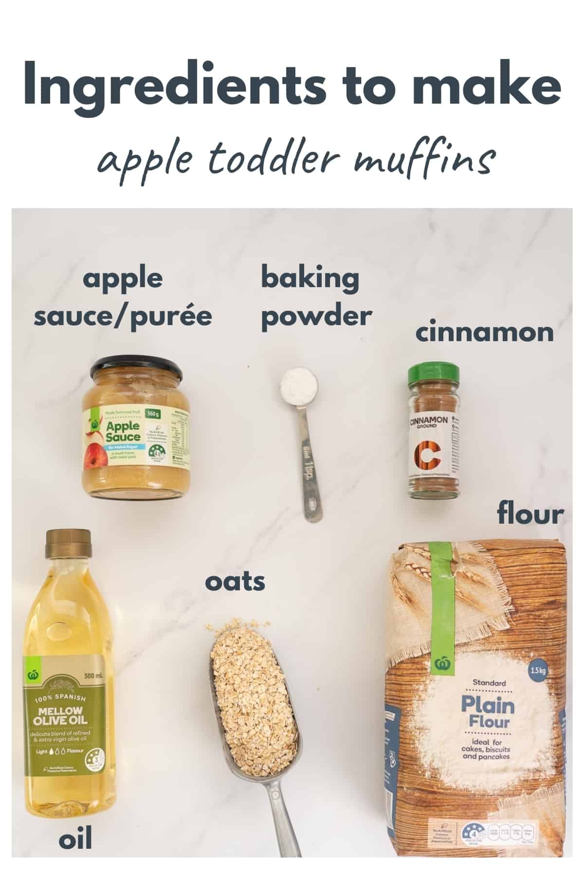 The ingredients for apple toddler muffins laid out on a bench top with text overlay.