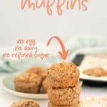 Three apple toddler muffins stacked in a tower, with text overlay.