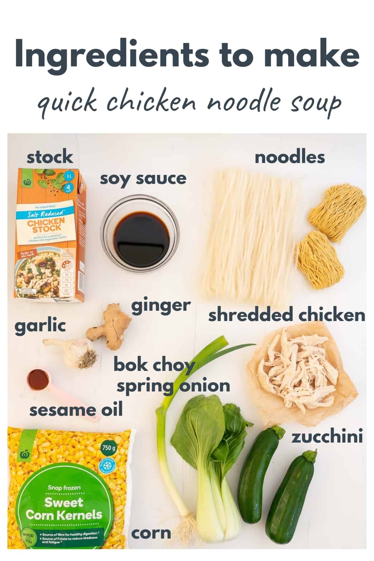 The ingredients to make Asian chicken noodle soup laid out on a bench top.