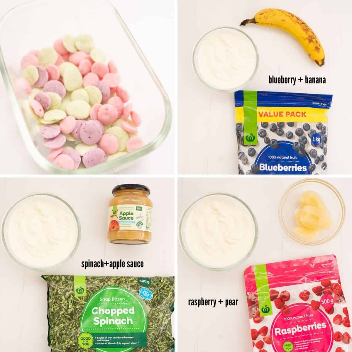 4 photo collage showing the ingredient combinations for baby yogurt melts.