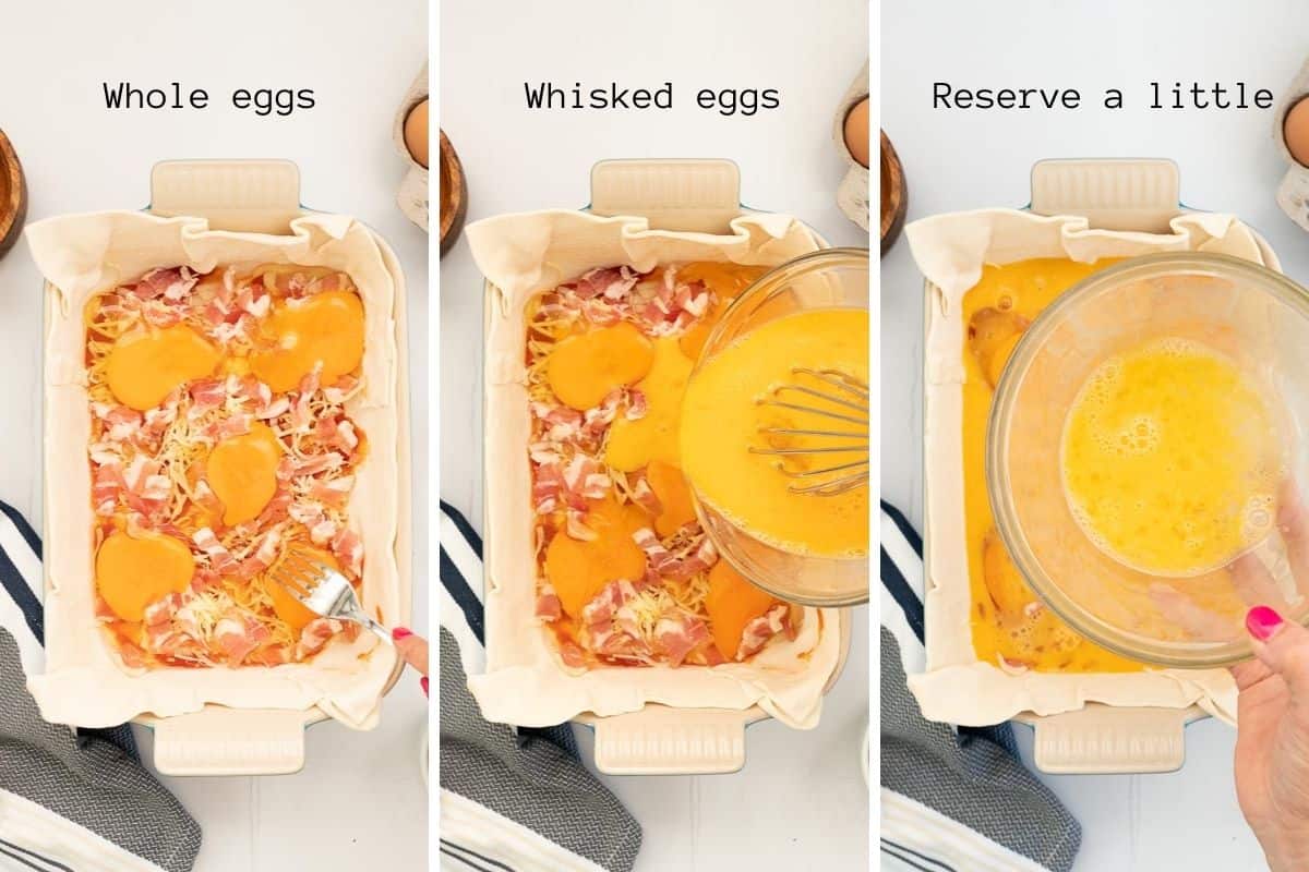 A three photo collage showing eggs being added to a bacon and egg pie.