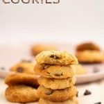 A stack of 5 condensed milk cookies in front of a plat of more cookies, with text overlay