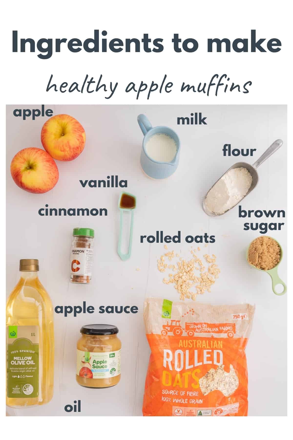 The ingredients to make healthy apple muffins laid out on a bench with text overlay.