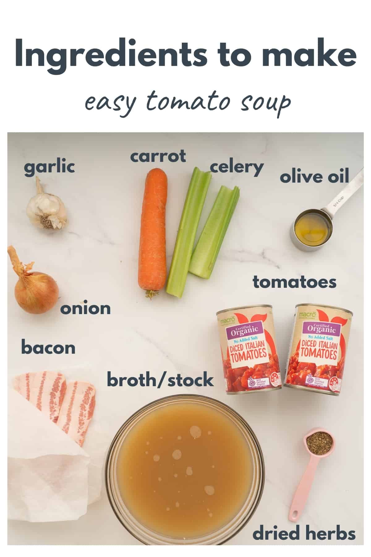 The ingredients to make easy tomato soup laid out on a bench top with text overlay.