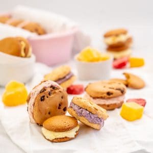 3 diffferent flavoured ice cream cookie sandwiches with frozen fruit pieces.