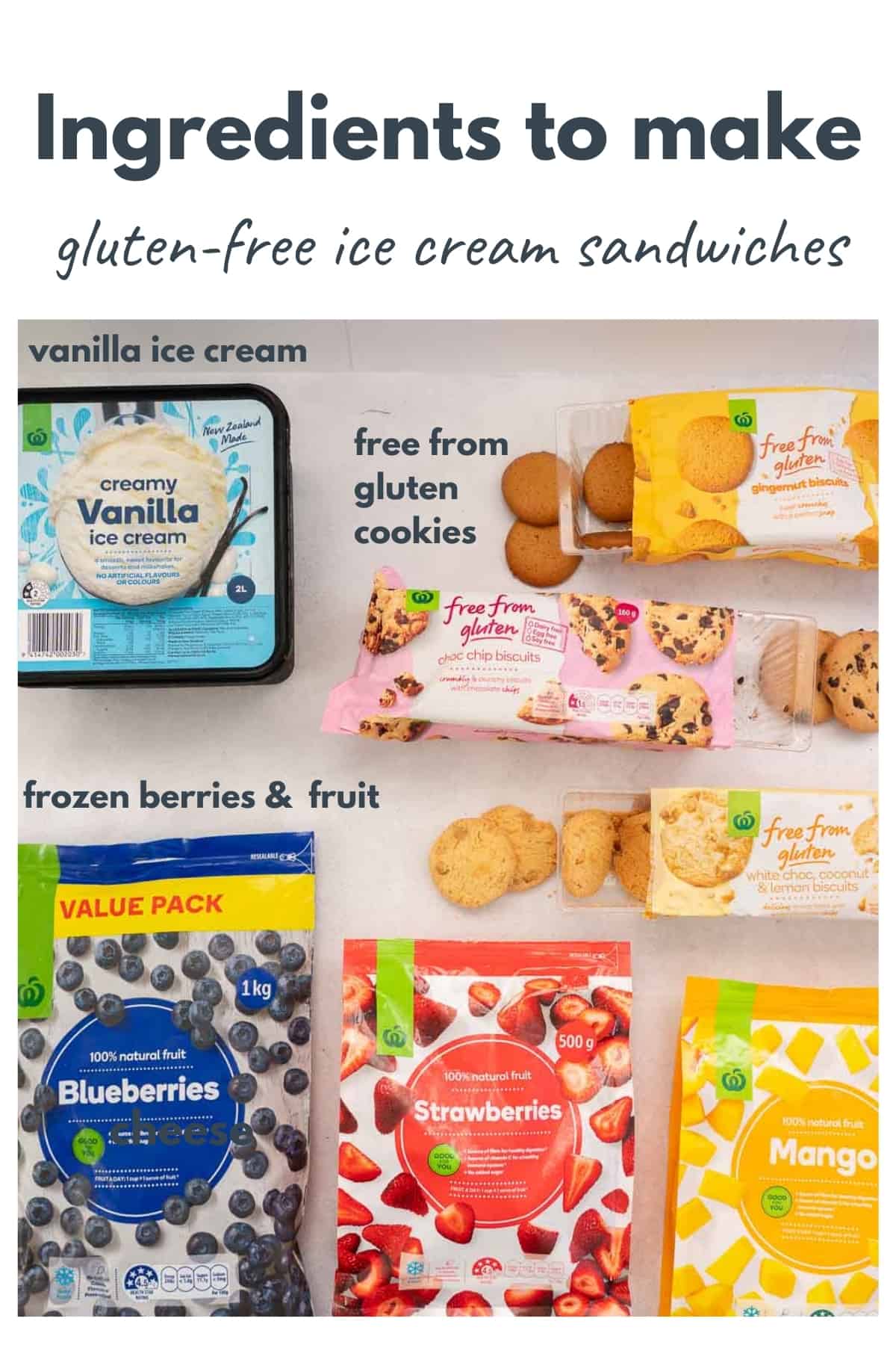 The ingredients to make gluten-free ice cream sandwiches laid out on a bench top with text overlay.