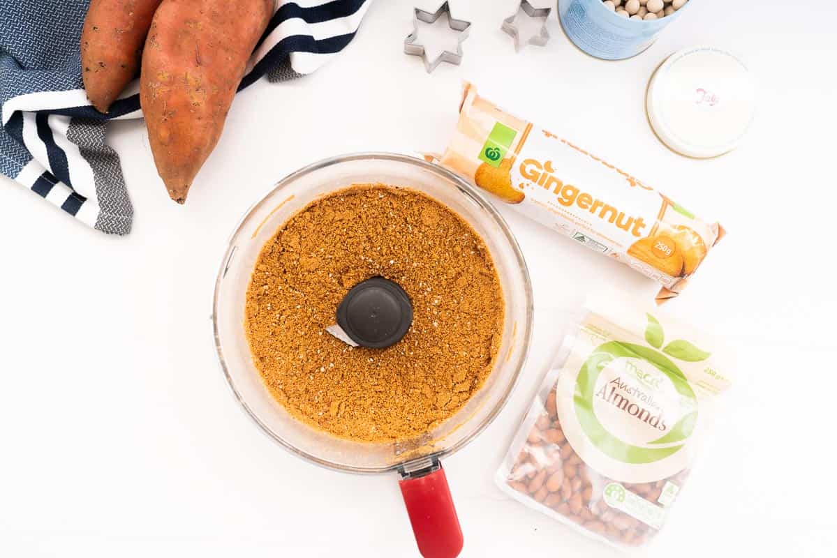 Gingernut and almond crumb in a food processor.