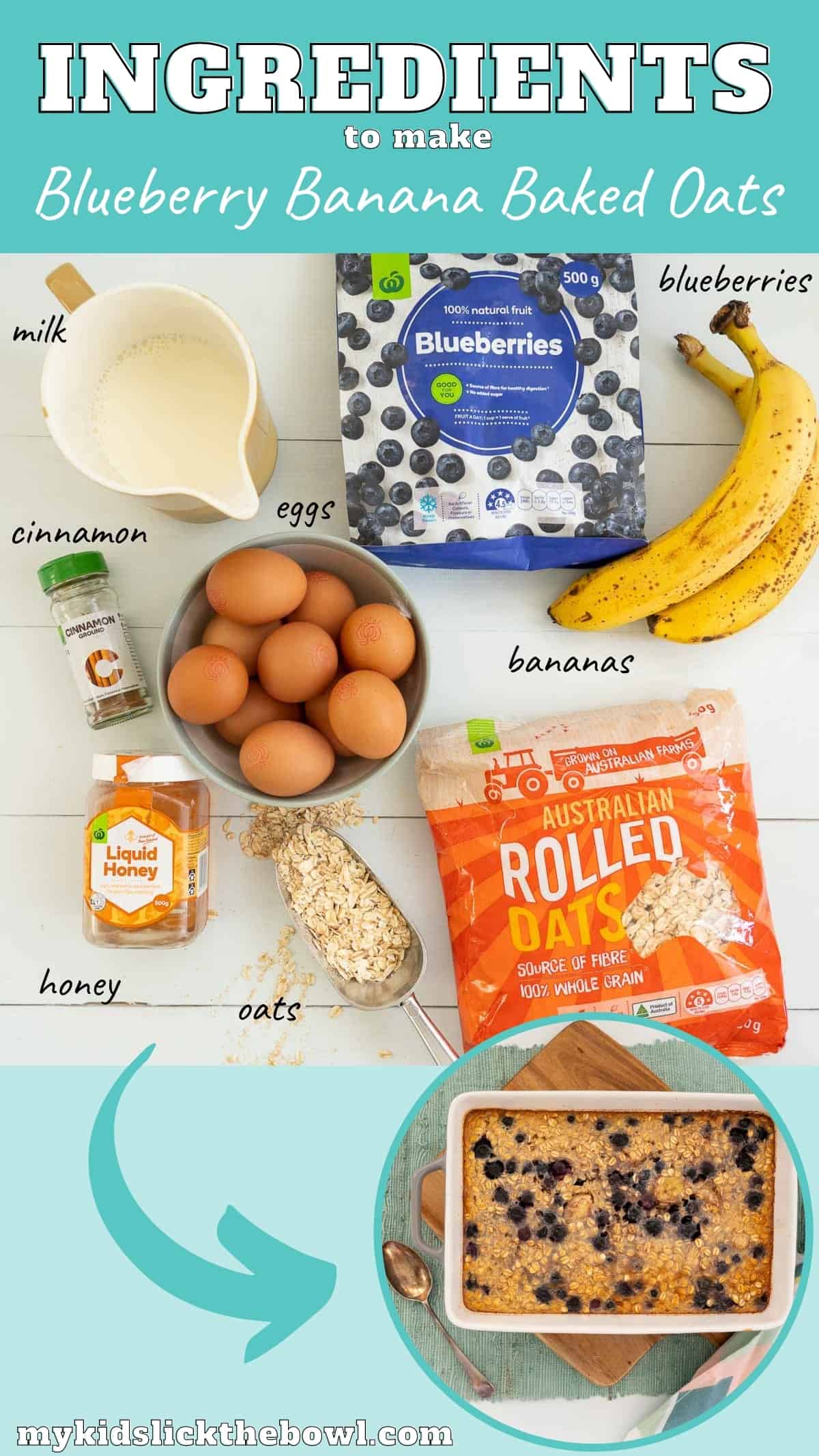 The ingredients to make blueberry banana baked oats laid out on a bench top with text overlay.
