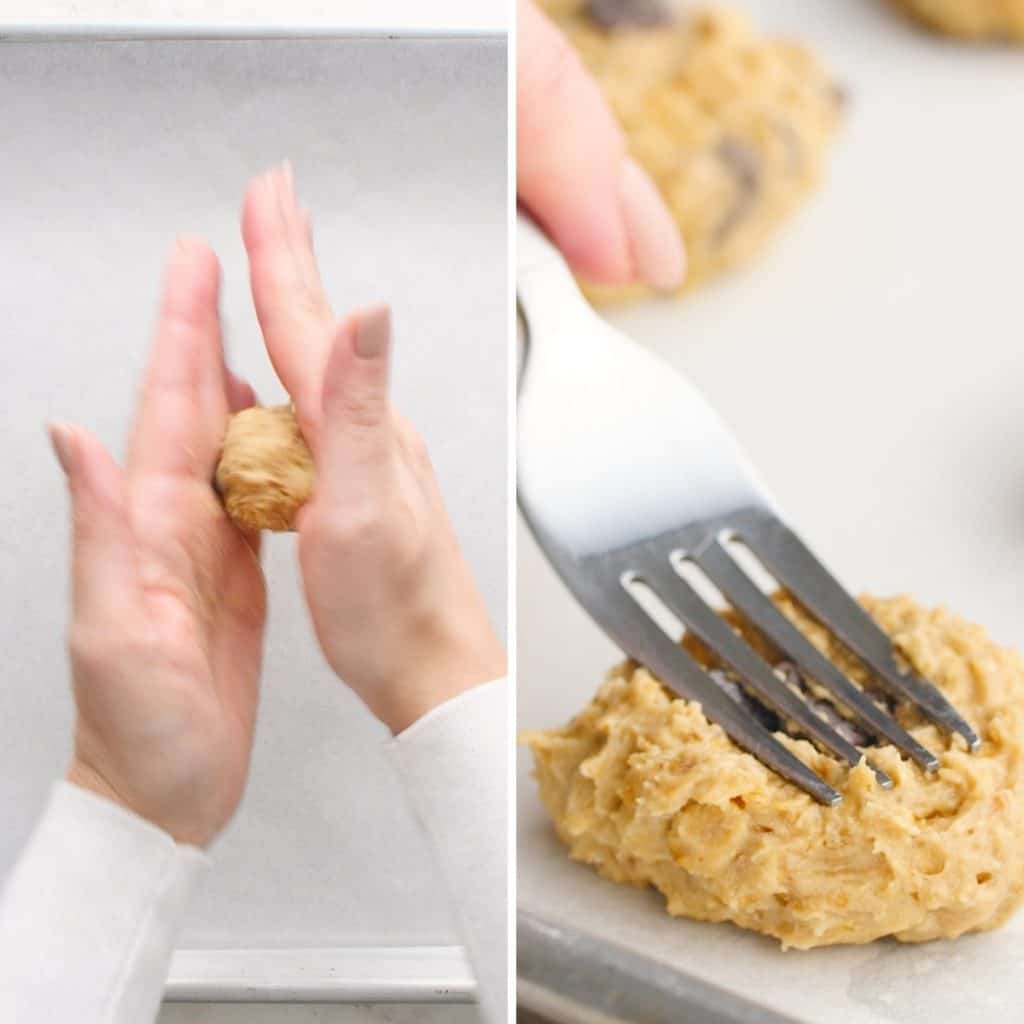 A two photo collage showing cookie dough being rolled into balls and pressed with a fork.