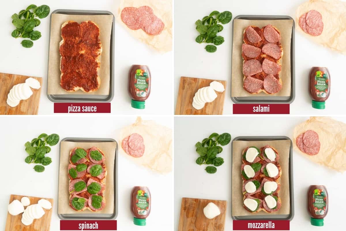 A four photo collage showing the steps to layer the fillings to make pizza sliders.