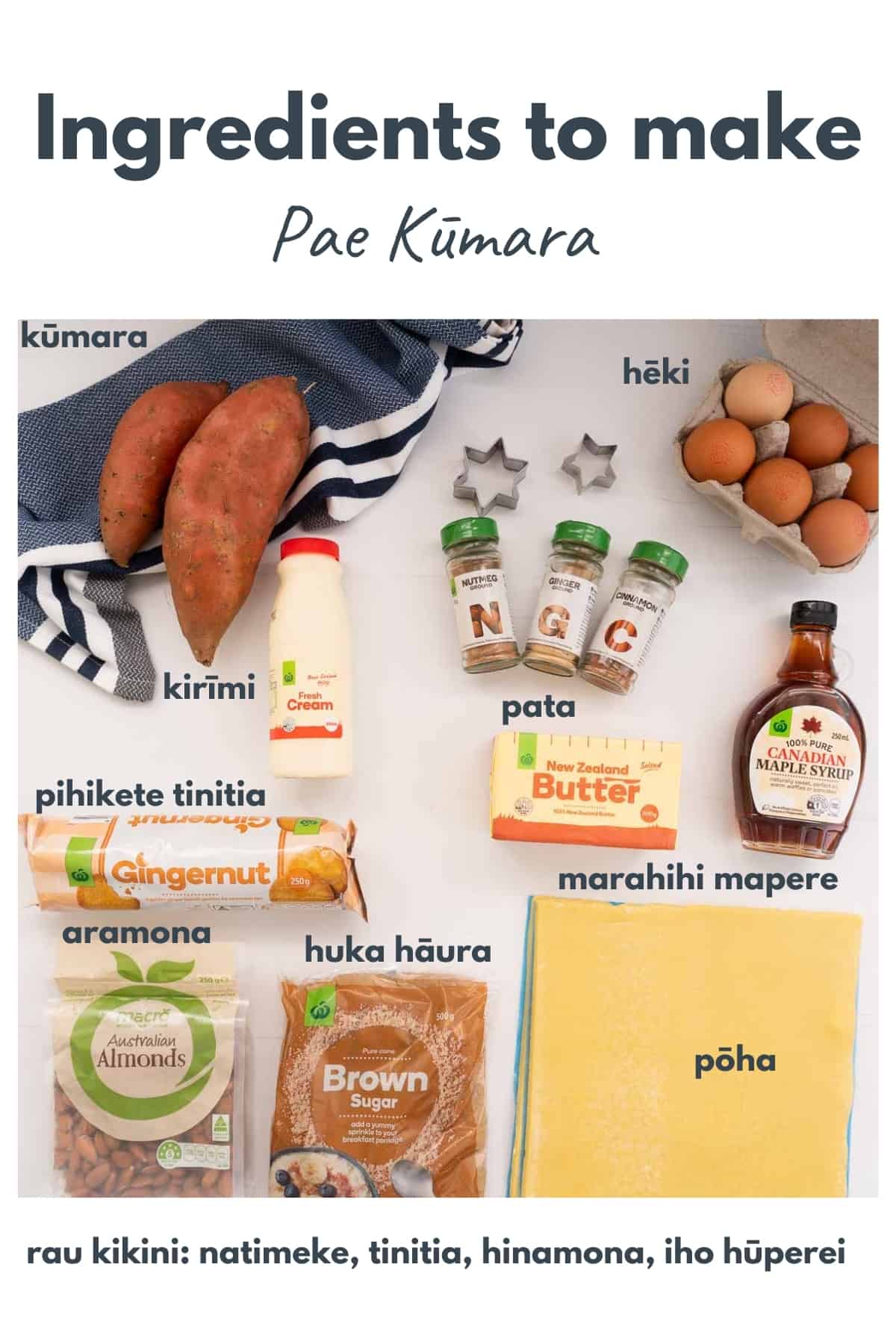 The ingredients to make sweet kumara pie with ingredients labeled in maori.