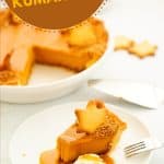 A slice of sweet potato pie decorated with a pastry star, whipped cream and caramel sauce with text overlay.