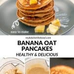 Four photo collage of banana oat pancakes with text overlay