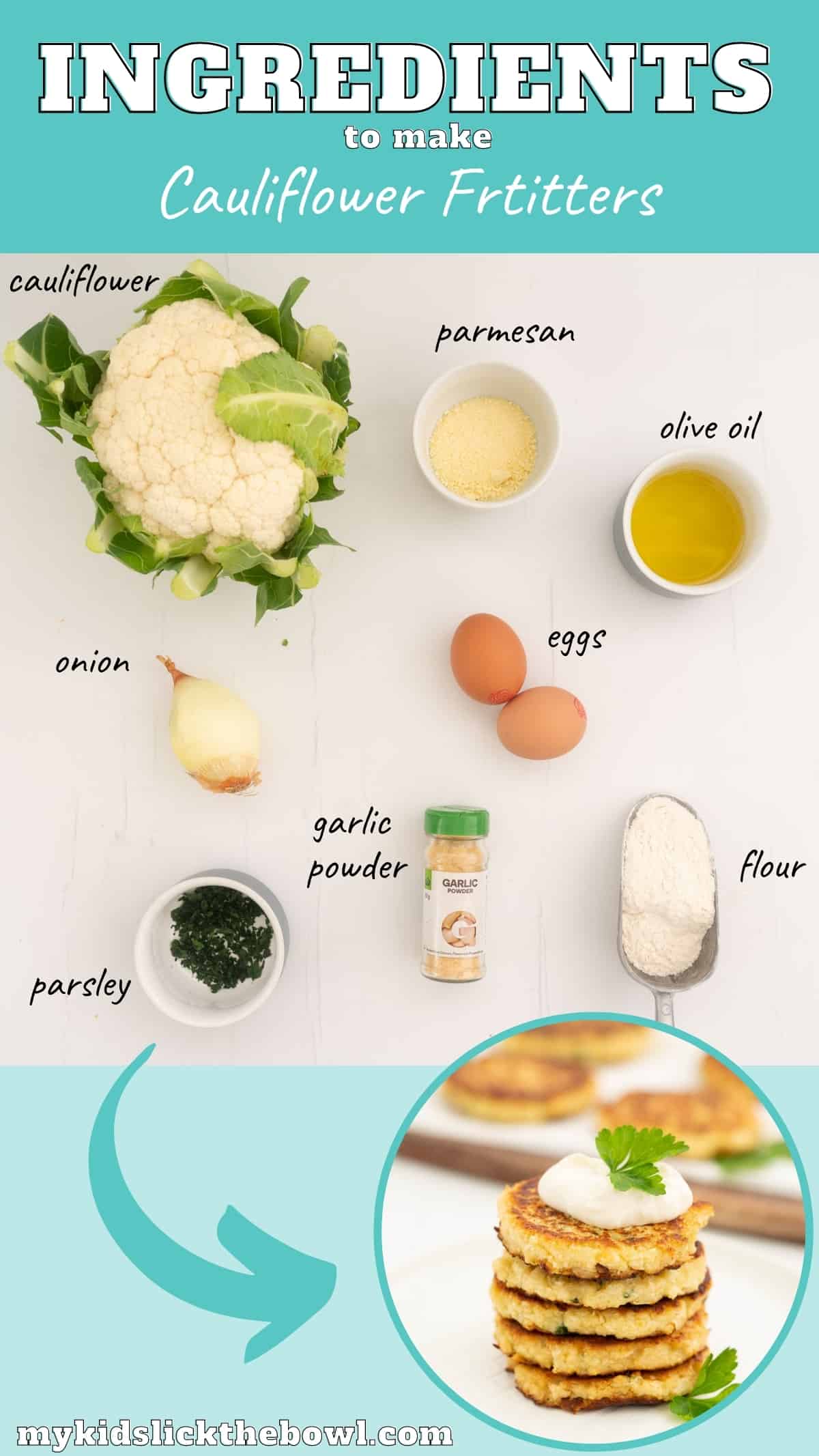 The ingredients to make cauliflower fritters laid out on a counter top with text overlay.