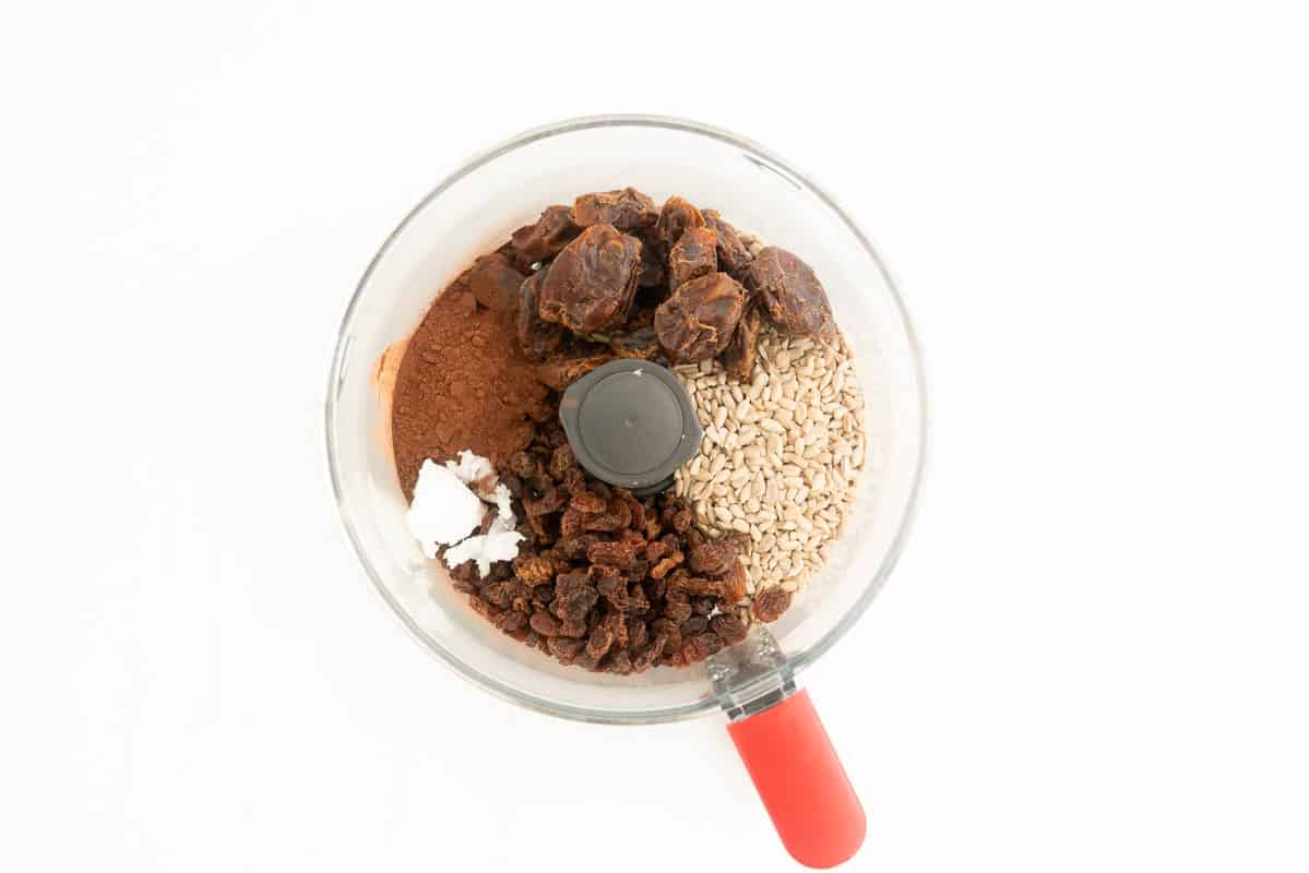 Dates, raisins, sunflower seeds, cocoa and coconut oil in a food processor.