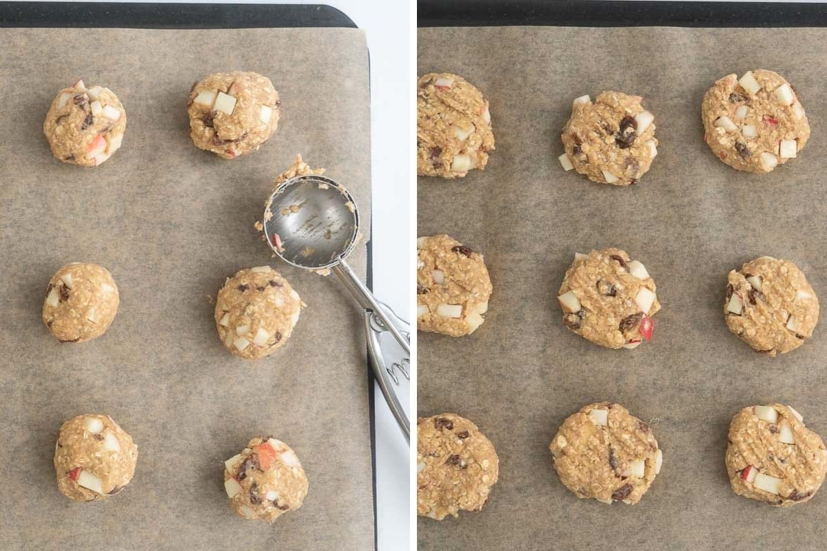 A two photo collage showing cookie dough balls then the same balls flattened with a fork.