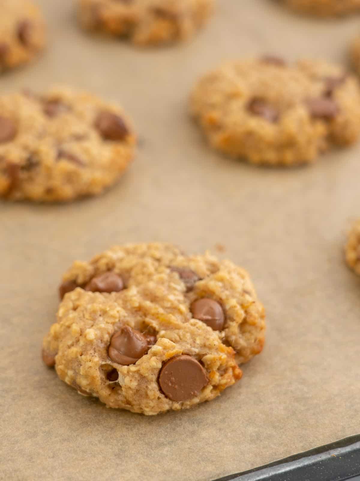 A golden baked chocolate chip oatmeal cookie on a brown baking paper lined tray.