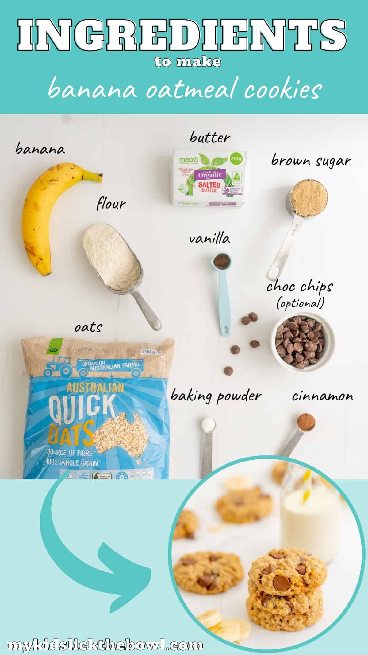 The ingredients to make banana oatmeal cookies laid out on a counter top with text overlay.