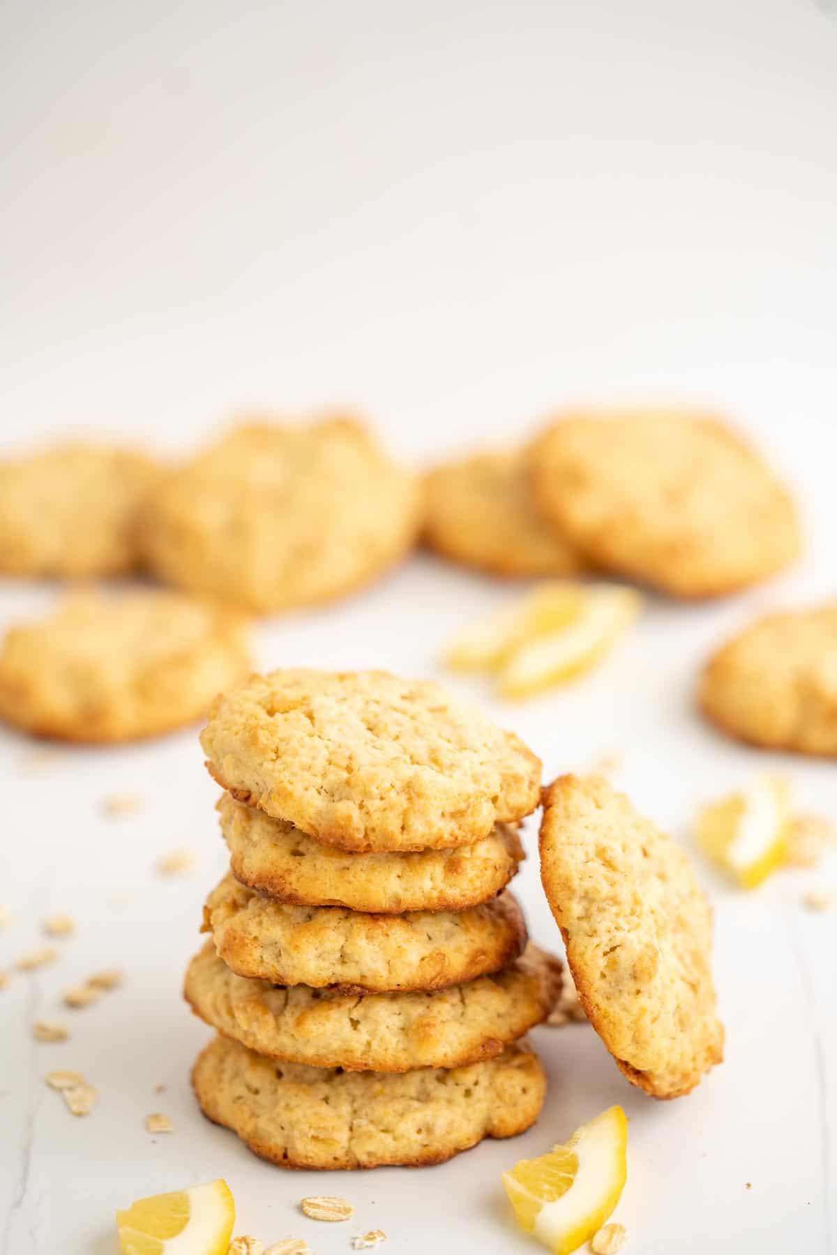 A stack of 5 lemon oatmeal cookies.