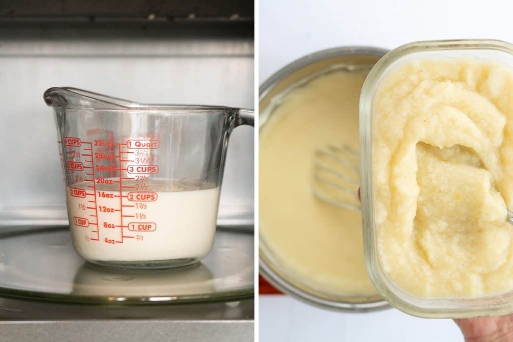 Two photo collage of milk in a jug inside a microwave and cauliflower purée