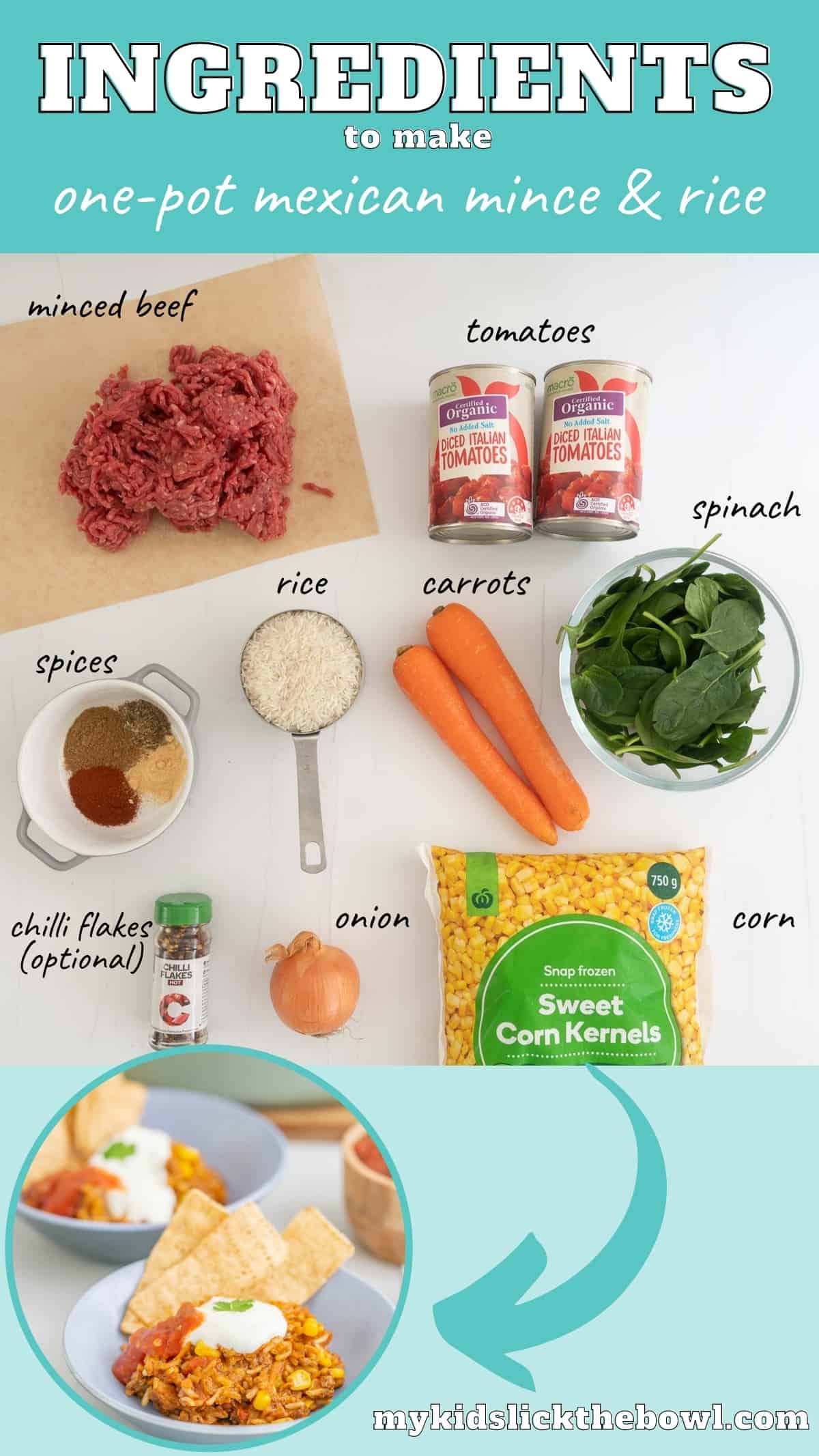 The ingredients to make Mexican mice laid out on a bench top with text overlay.