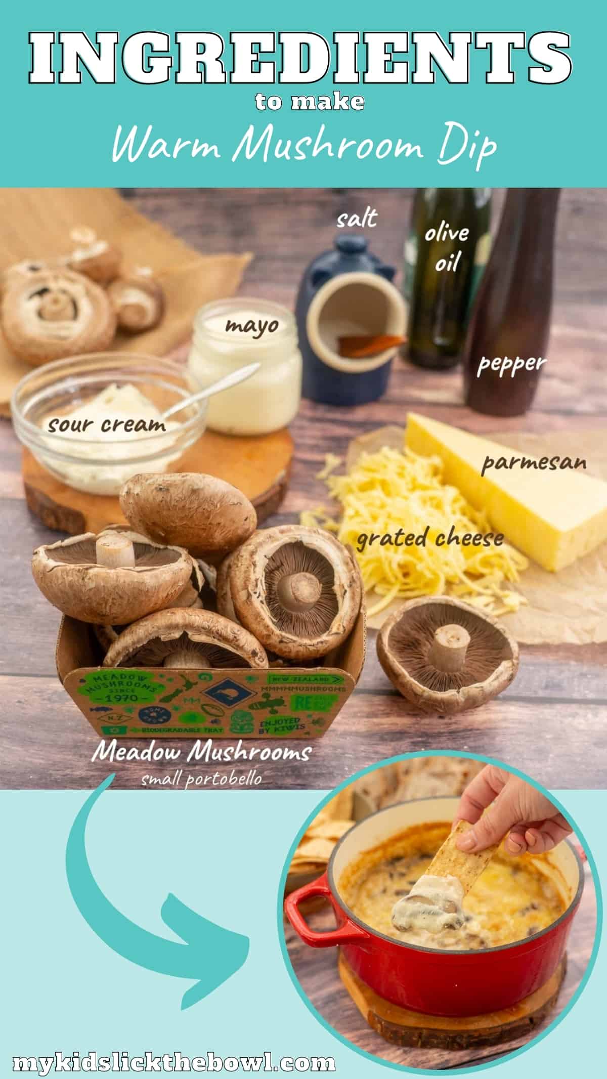 The ingredients to make cheesy mushroom dip on a wooden table with text overlay.