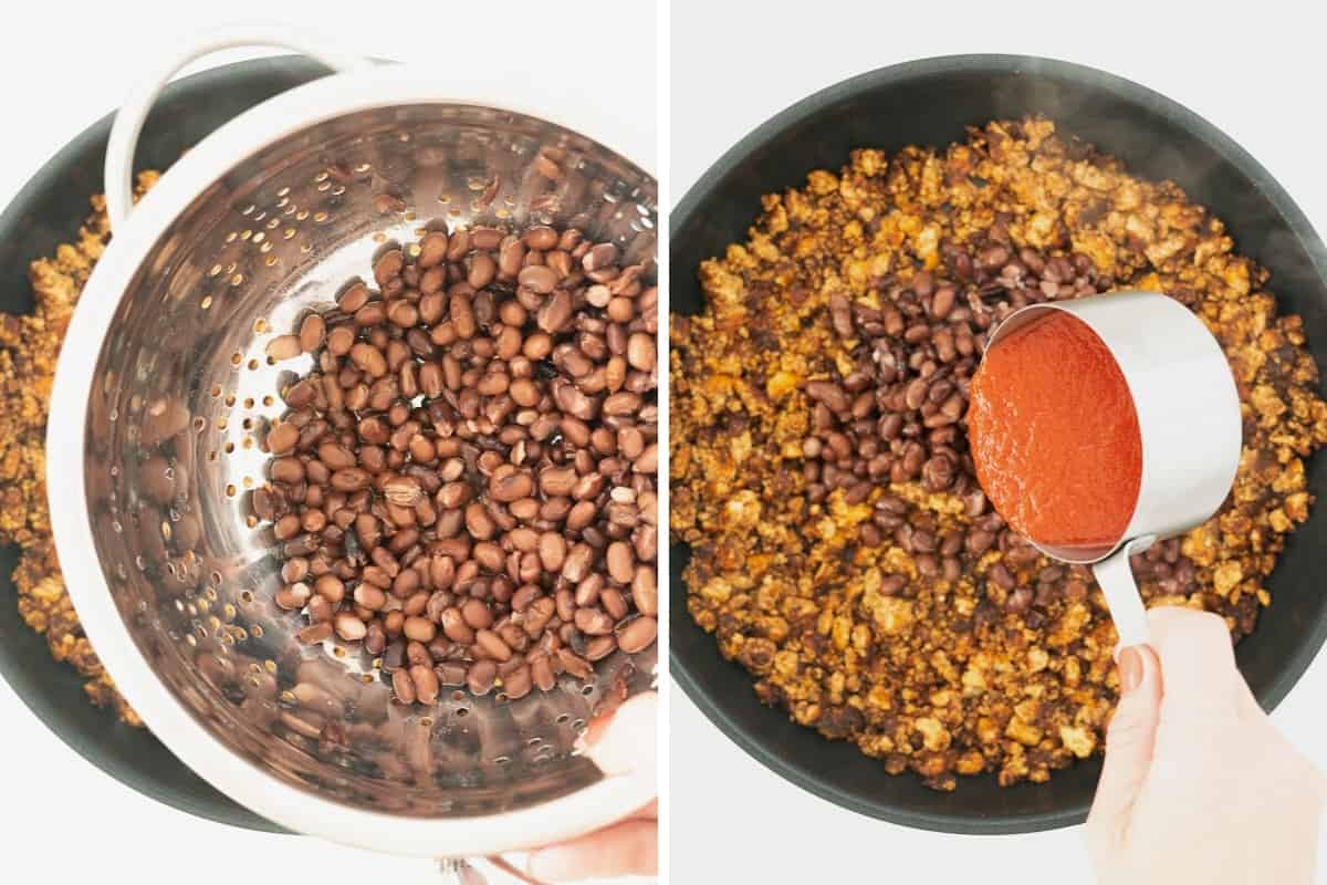 Two photo collage showing black beans and tomato purée being added to a fry pan.