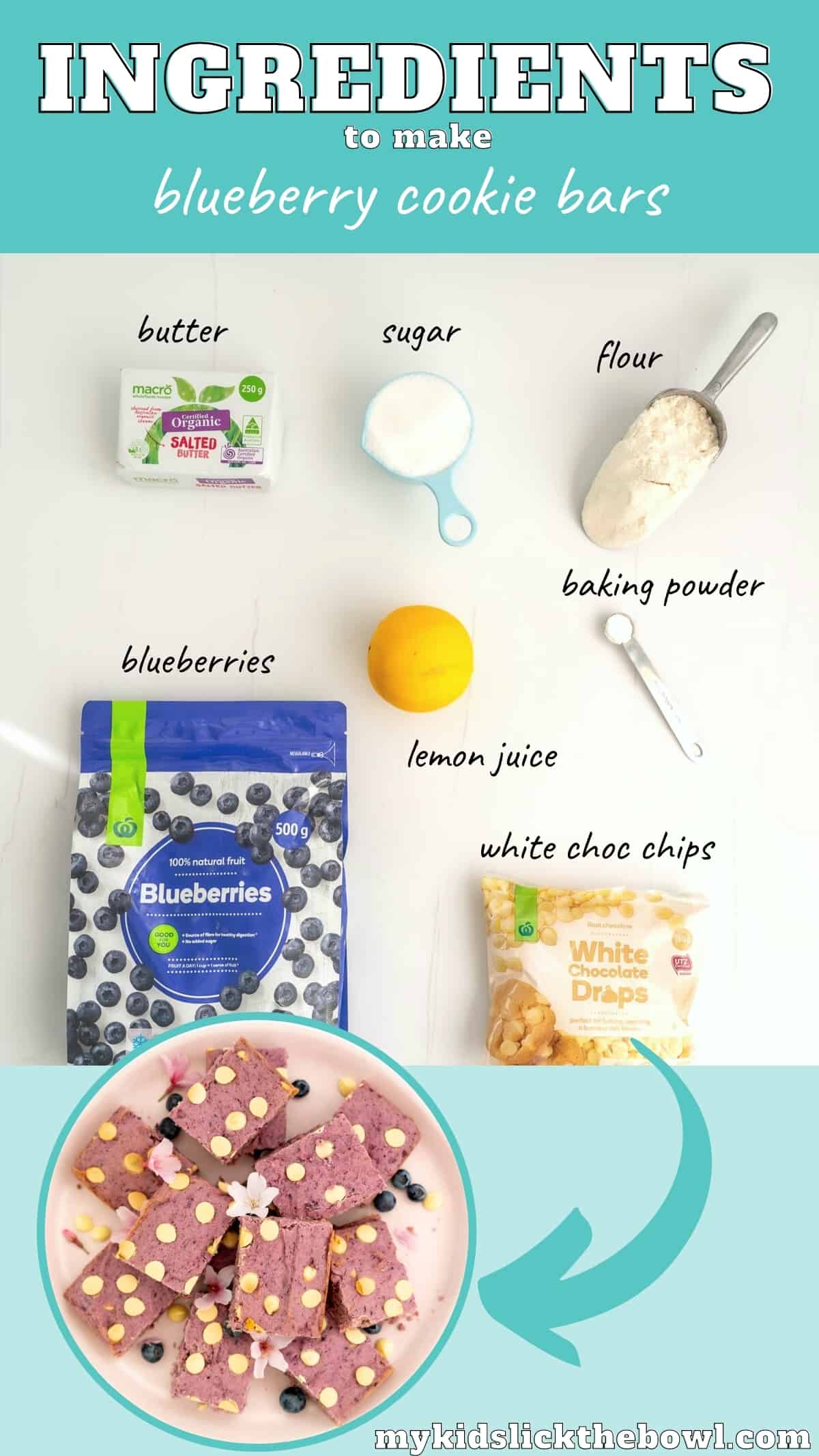 The ingredients to make blueberry cookie bars laid out on a bench top with text overlay.