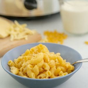 A two tone blue ceramic bowl of macaroni cheese in front of slow cooker, grated cheese and a glass jug of milk.