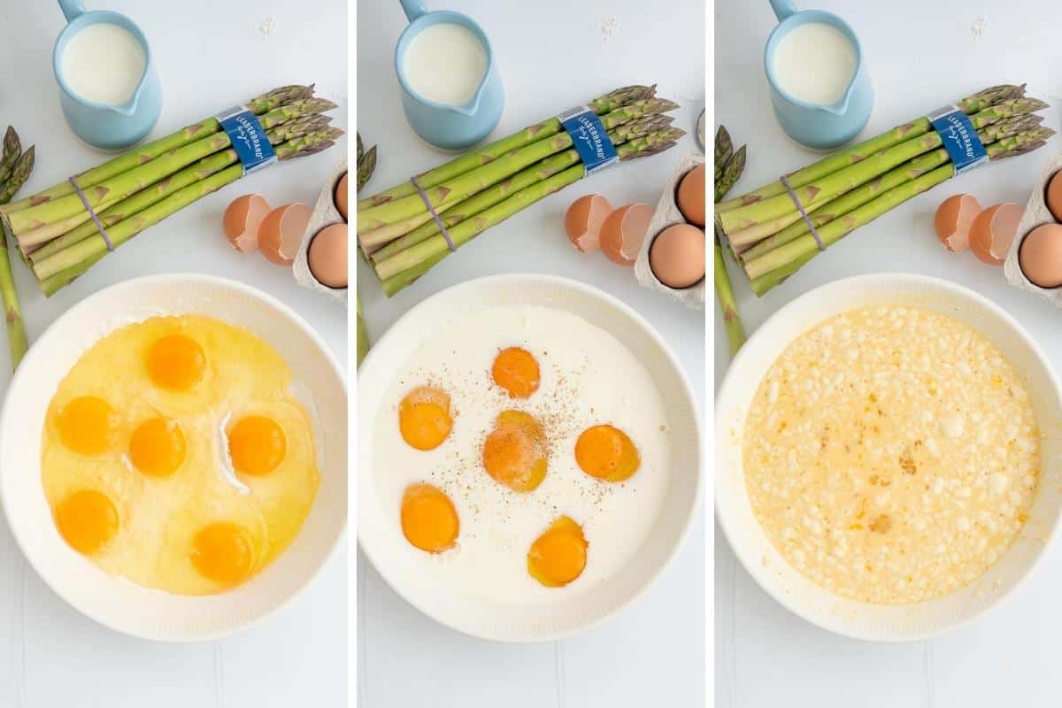 Three photo collage showing the steps to making a crustless quiche base.