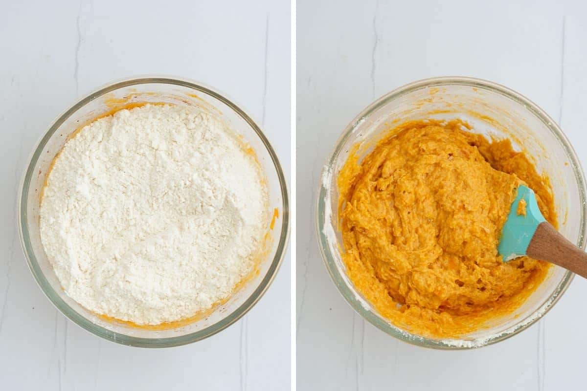 Two photo collage of the dry ingredients being added to a carrot muffin batter.