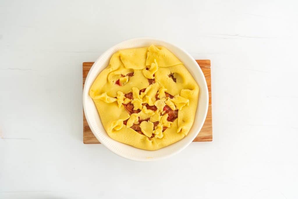 A rhubarb galette ready to go into the oven.