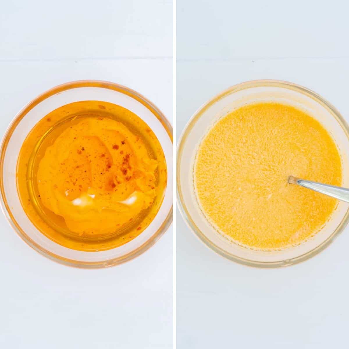 Two photo collage showing the process of making sun dried tomato dressing.