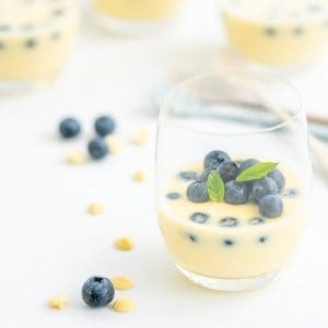A glass filled with white chocolate mousse garnished with fresh blueberries and mint leaves.