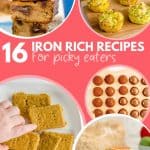 A 5 photo collage of iron rich recipes for pick eaters.