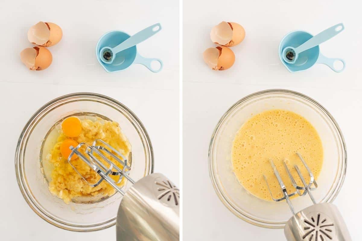 Two photo collage showing wet ingredients being beaten with an electric beater.