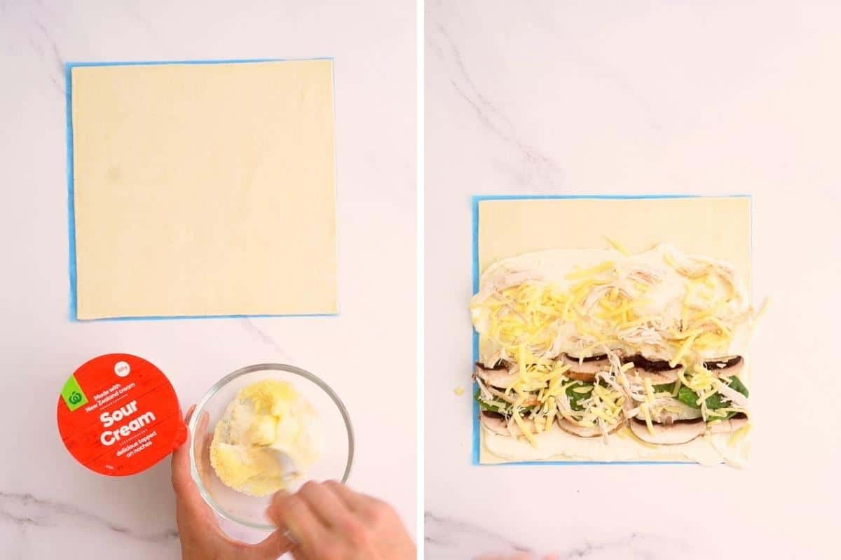 Two photo collage showing the steps to making chicken alfredo pizza scrolls