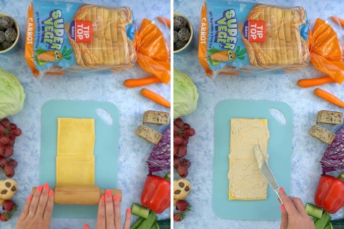 Two photo collage shwoing bread being rolled flat and spread with hummus.
