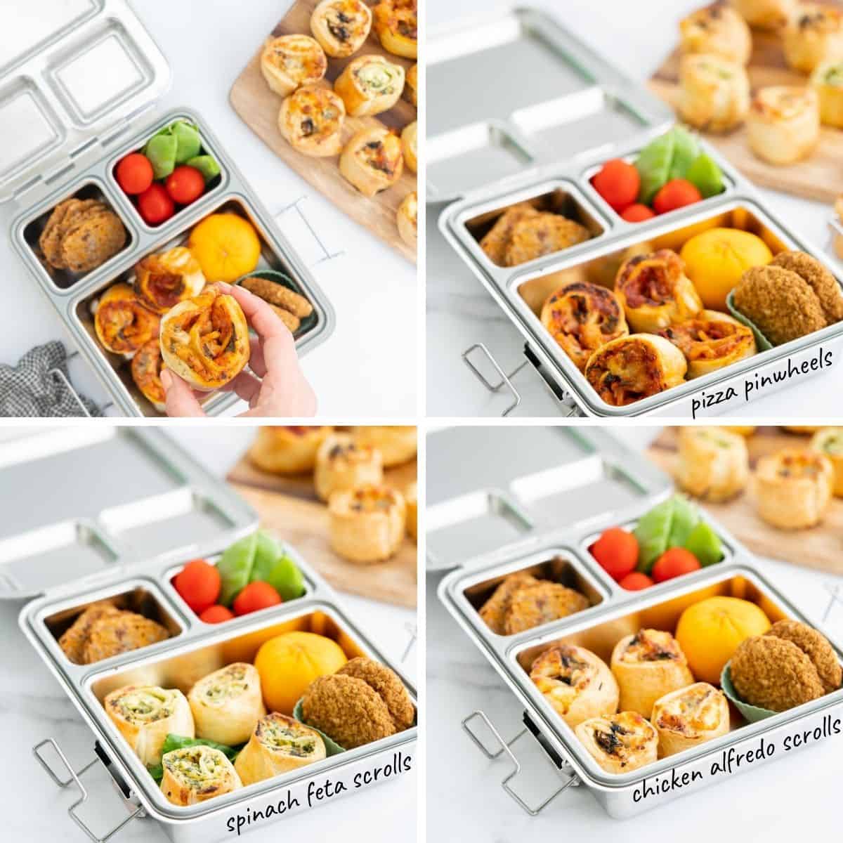 Four photo collage of different pizza scroll recipes