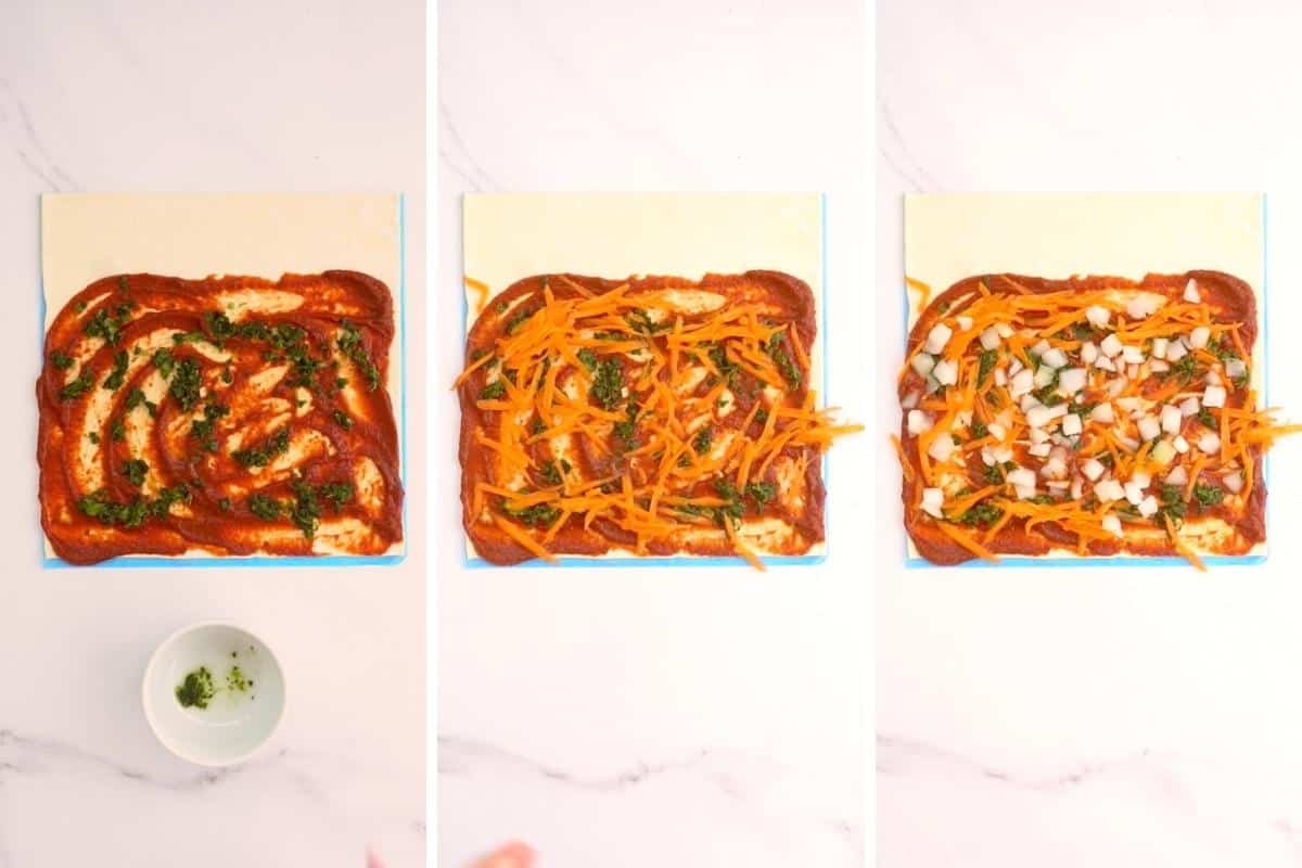 Three photo collage showing toppings being added to a pizza pinwheel.