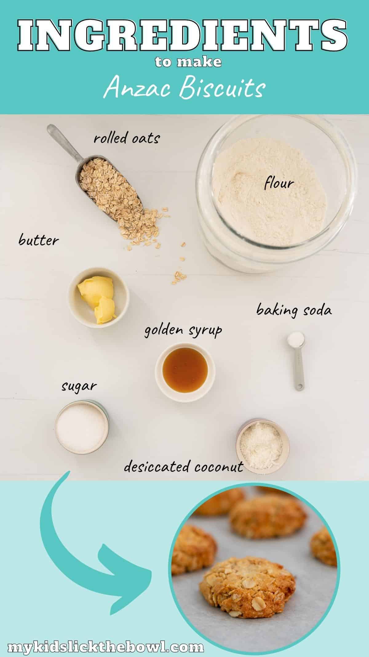 The ingredients to make Anzac biscuits laid out on a bench top with text overlay.